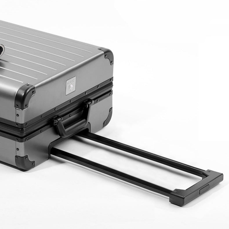 Aluminum alloy pull rod for a suitcase with text on material and features.